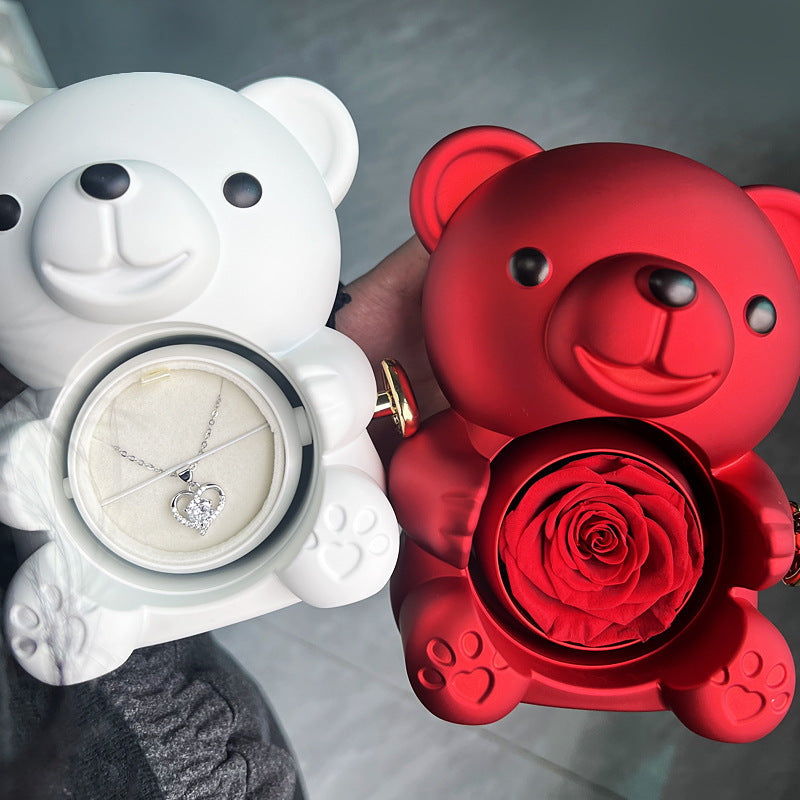 Romantic Rotating Teddy Bear Gift Box – Eternal Rose & Jewelry Surprise