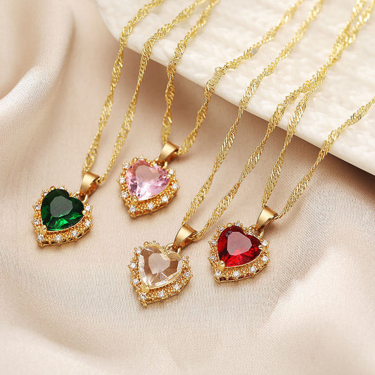 Lina - Colorful Rhinestones Heart-shped Necklace Love Gold Clavicle Chain