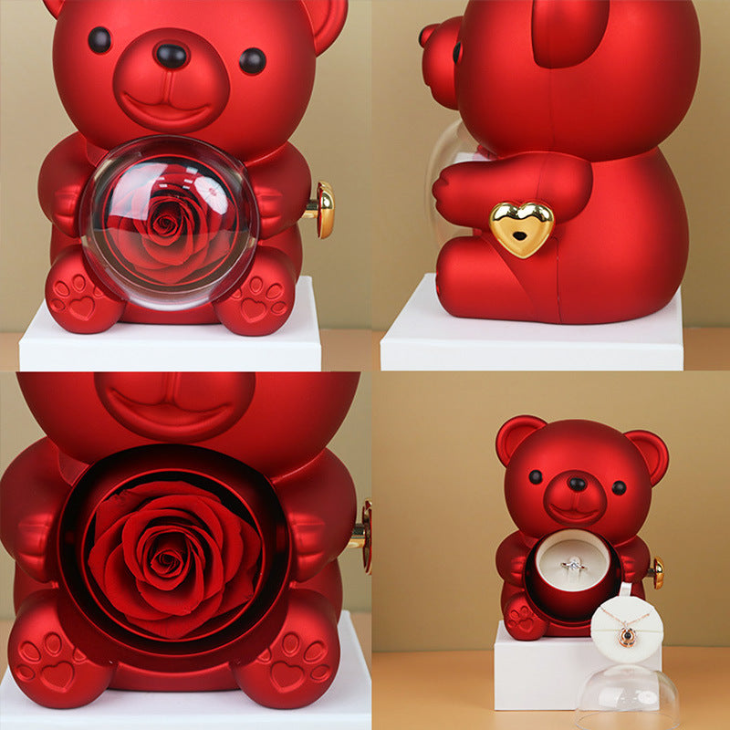 Romantic Rotating Teddy Bear Gift Box – Eternal Rose & Jewelry Surprise