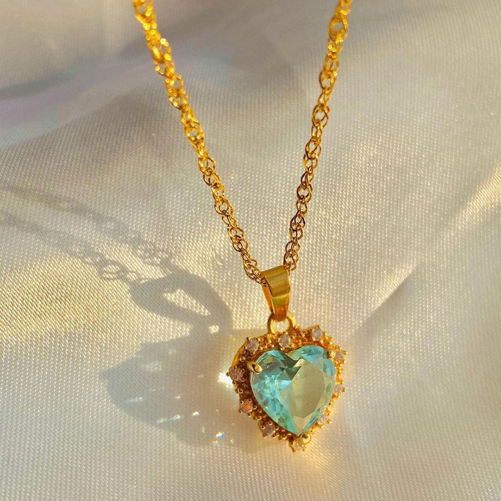 Lina - Colorful Rhinestones Heart-shped Necklace Love Gold Clavicle Chain