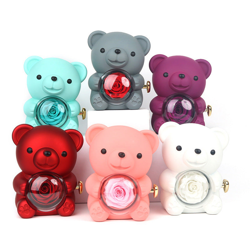 Romantic Rotating Teddy Bear Gift Box – Eternal Rose & Jewelry Surprise